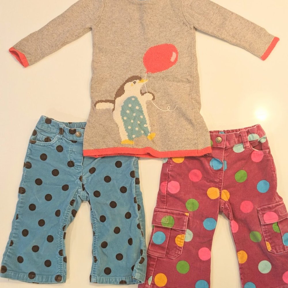 Mini Boden bundle, penguin dress and two polka dot pants, size 12-18 months
